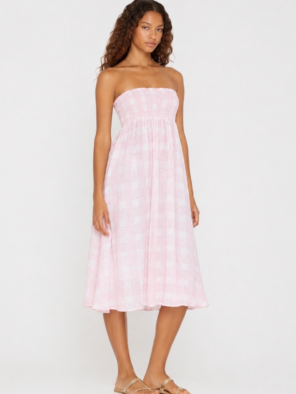 SOLID & STRIPED Pink and White Plaid Smocked Strapless Dress
